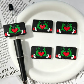 Christmas green hand heart printed rectangle silicone focal beads, large‑hole holiday craft beads for beadable pen and keychain DIY supplies