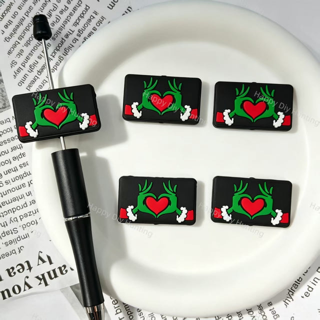 Christmas green hand heart printed rectangle silicone focal beads, large‑hole holiday craft beads for beadable pen and keychain DIY supplies