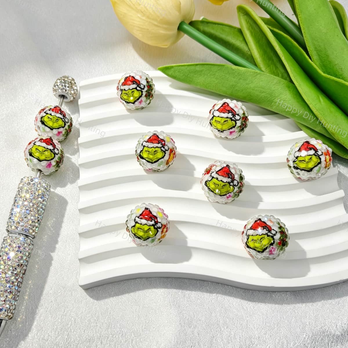 Christmas Santa Hat Green Figure Print Rhinestone Beads for beadable pen DIY craft projects