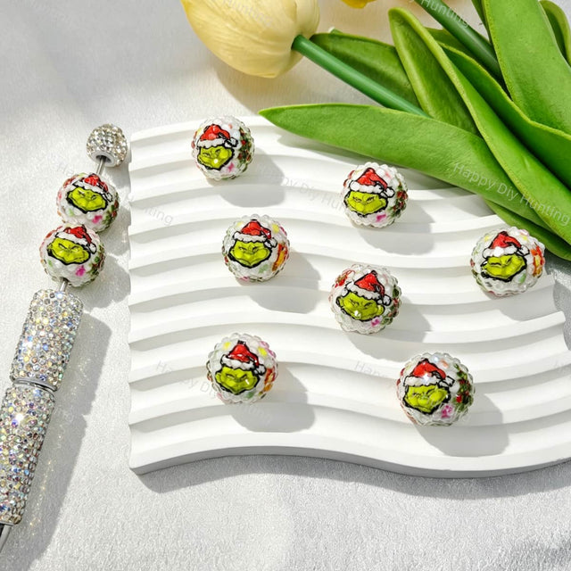 Christmas Santa Hat Green Figure Print Rhinestone Beads for beadable pen DIY craft projects