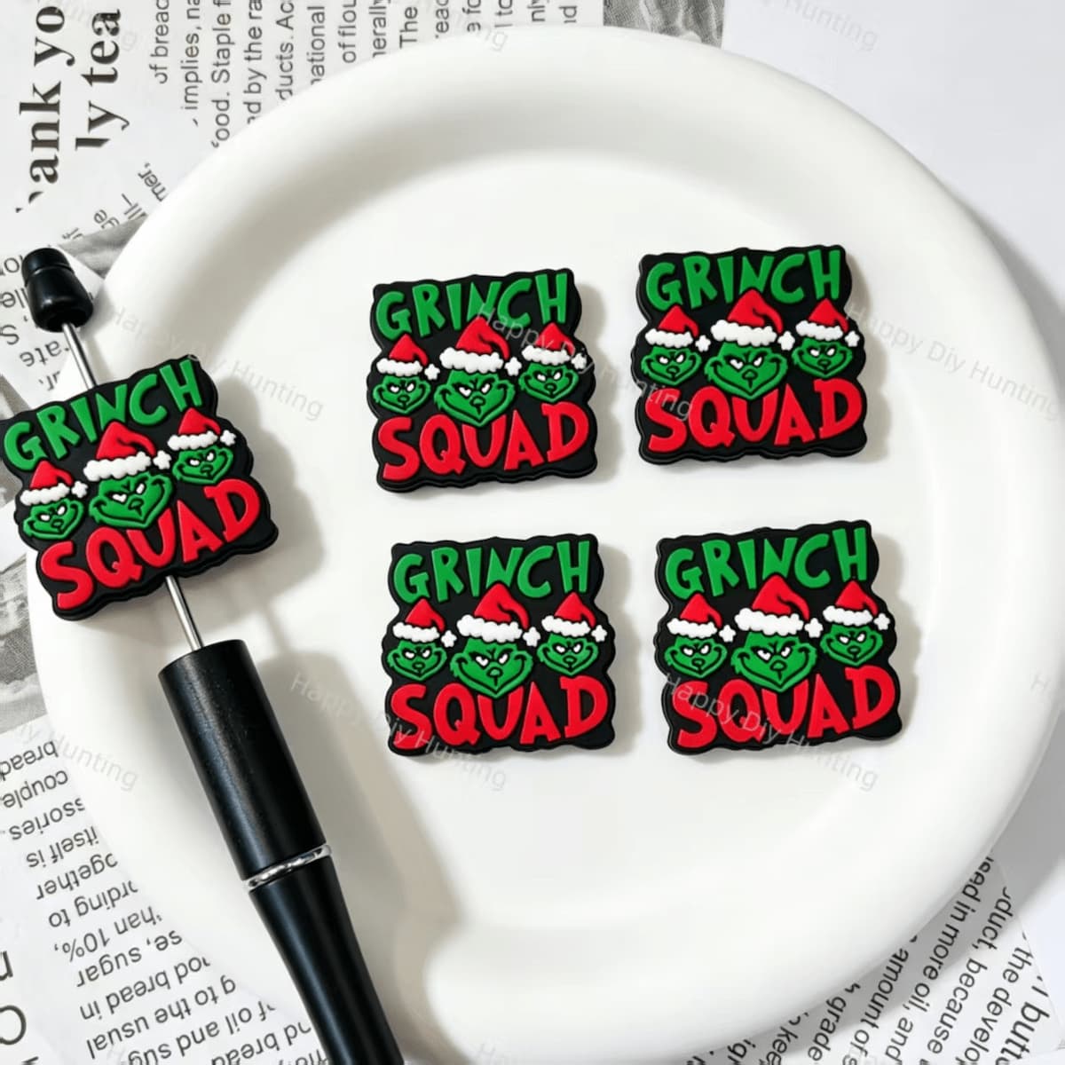 Christmas squad text printed square silicone focal beads, set of 5 large‑hole holiday craft beads for beadable pen and keychain DIY supplies