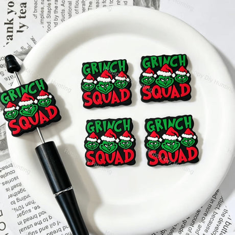 Christmas squad text printed square silicone focal beads, set of 5 large‑hole holiday craft beads for beadable pen and keychain DIY supplies