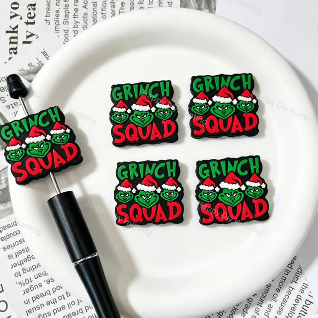 Christmas squad text printed square silicone focal beads, set of 5 large‑hole holiday craft beads for beadable pen and keychain DIY supplies