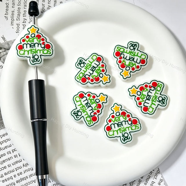Christmas tree text printed silicone focal beads, large‑hole holiday craft beads for beadable pen and keychain DIY supplies