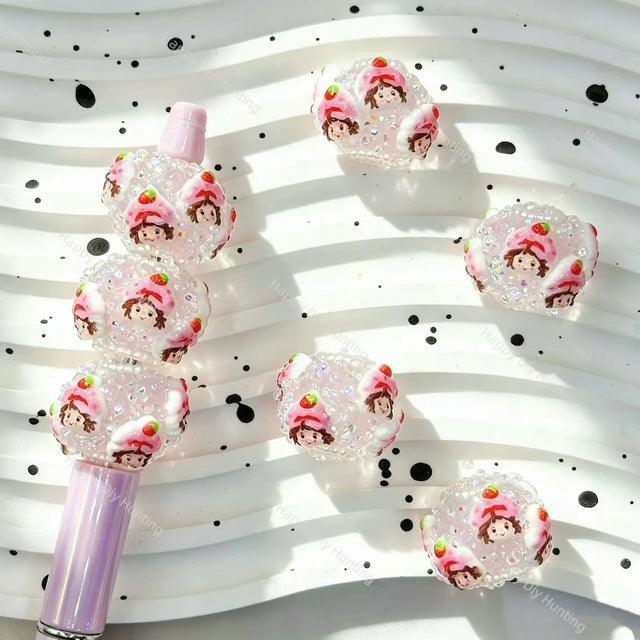clear strawberry girl character round rhinestone beads for diy beadable pens handmade craft supplies