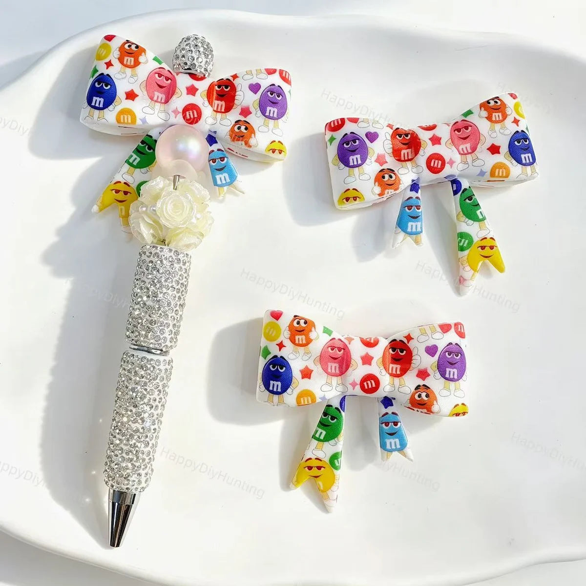 Colorful candy cartoon character print bow silicone focal beads for DIY beadable pens and handmade jewelry