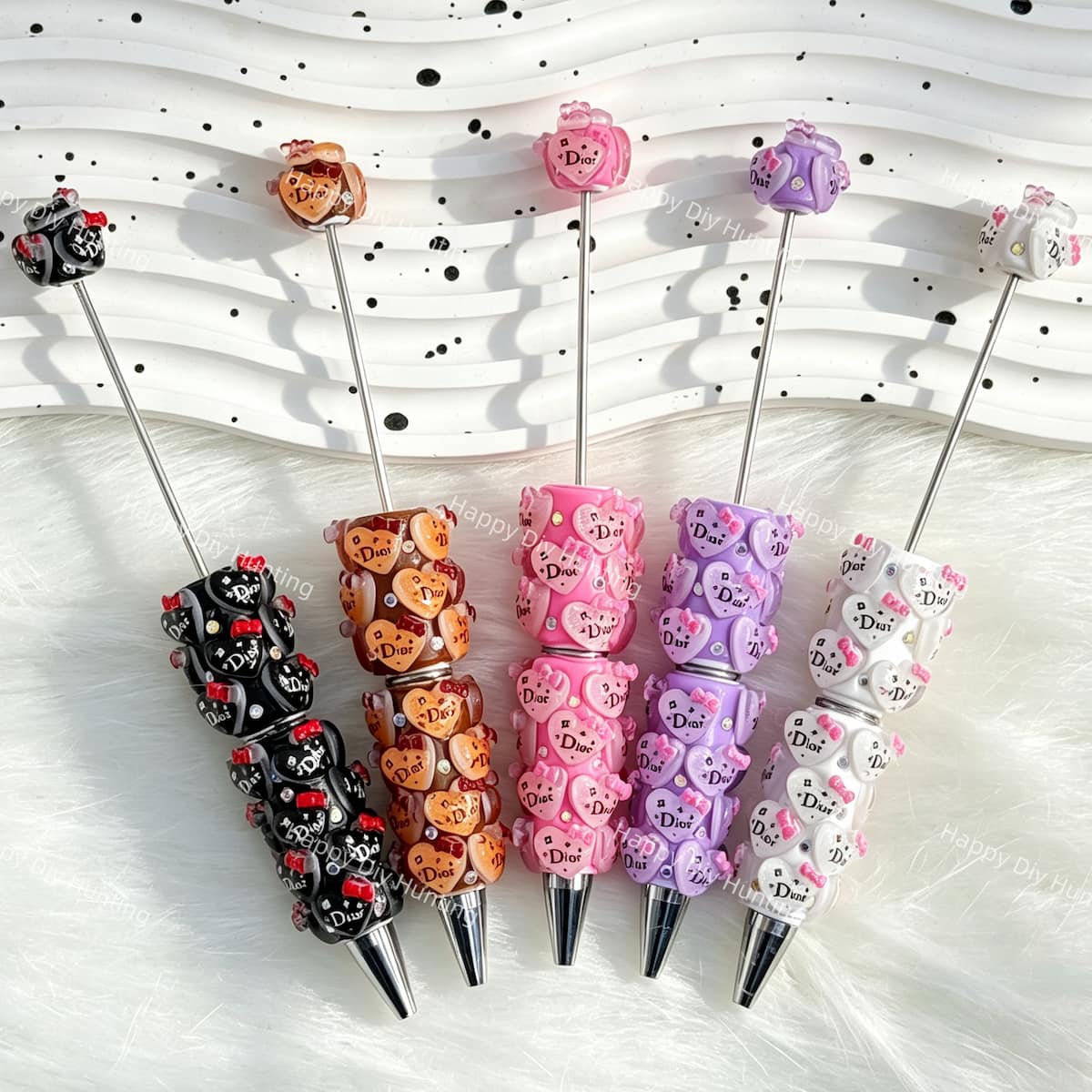 close-up colorful heart designer D*R beadable pen showing heart design and beadable barrel