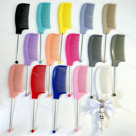 Multicolor plastic DIY beadable comb blanks with 3.3 inch metal rod for custom beaded hair accessory crafts