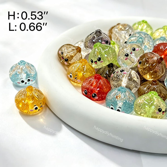 close-up colorful glitter cartoon steamed bun face acrylic bead showing cute face design