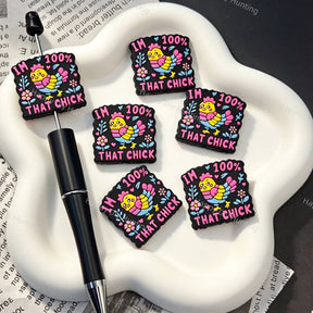 Colorful chick floral cartoon silicone focal beads, black‑base silicone beads with bright chick and flower prints for beadable pens and pen toppers DIY craft projects