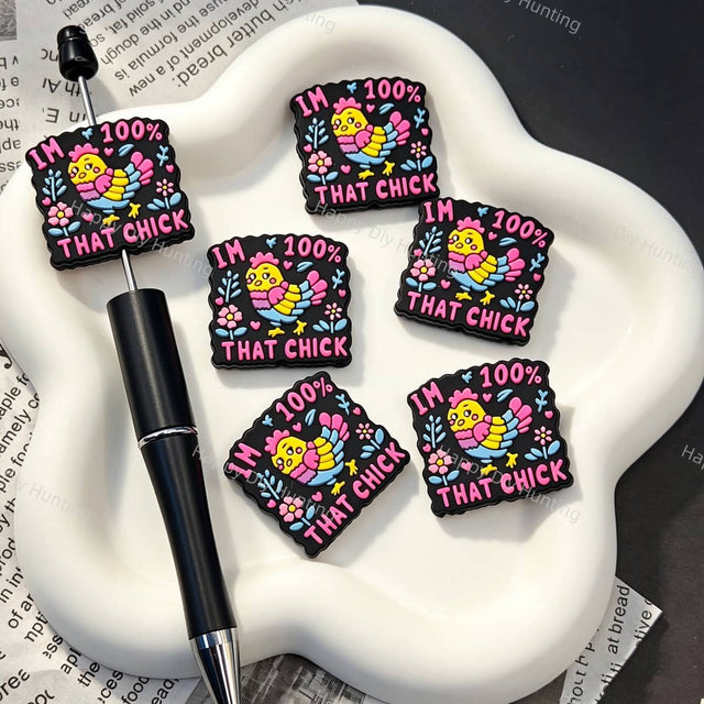 Colorful chick floral cartoon silicone focal beads, black‑base silicone beads with bright chick and flower prints for beadable pens and pen toppers DIY craft projects