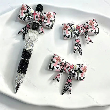 Cross print bow silicone focal beads for DIY beadable pens
