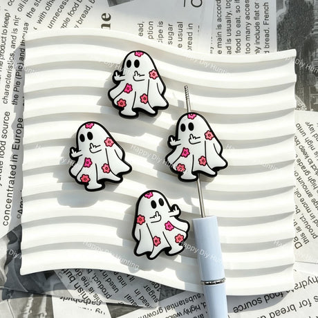 close-up cute floral ghost silicone focal bead showing adorable ghost design with floral accents