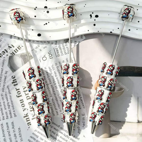cute red game character printed beadable pens fun gamer theme for diy stationery and handmade gifts
