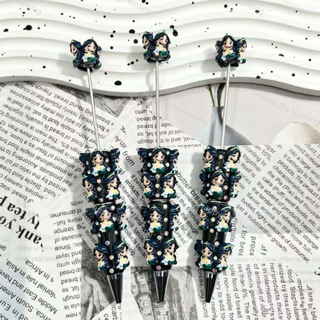 dark‑haired princess figurine bling beadable pens, character themed pen bases for diy stationery craft and handmade gift making