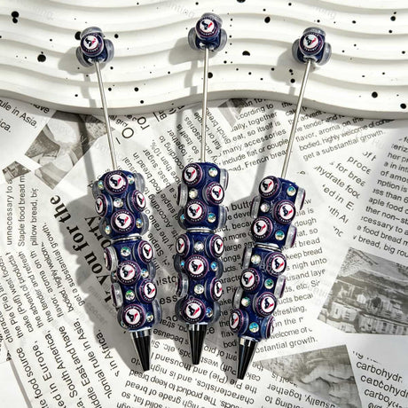 Dark navy bison football emblem sports beadable pens, circular beads printed with bison‑head patterns and iridescent rhinestones for diy handmade stationery