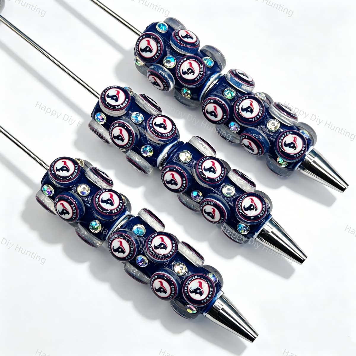 Dark navy football emblem sports beadable pens, circular printed emblem beads with iridescent rhinestones for diy handmade stationery