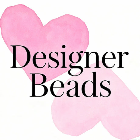 Designer beads collection graphic banner with pink hearts on white background.