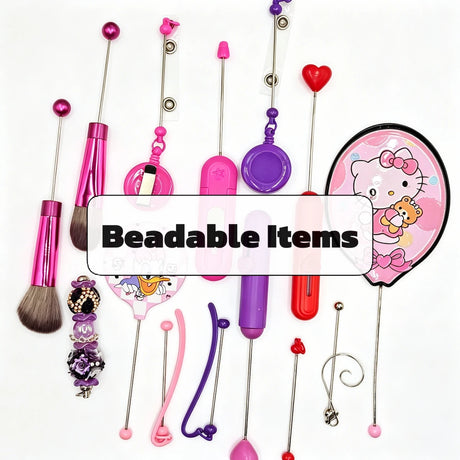 Assorted DIY beadable items including makeup brushes, badge reels, and crafts.