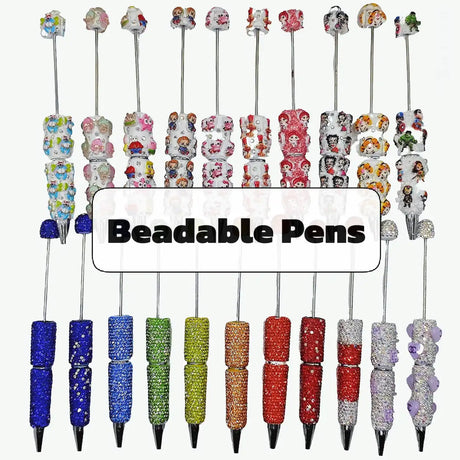 Assorted colorful rhinestone beadable pens display for DIY stationery crafts.