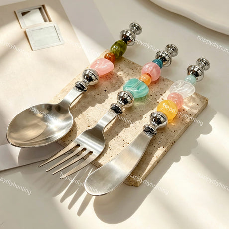 DIY beadable stainless steel cutlery set, blank metal spoon, fork and butter knife for DIY custom tableware and handmade craft gifts.