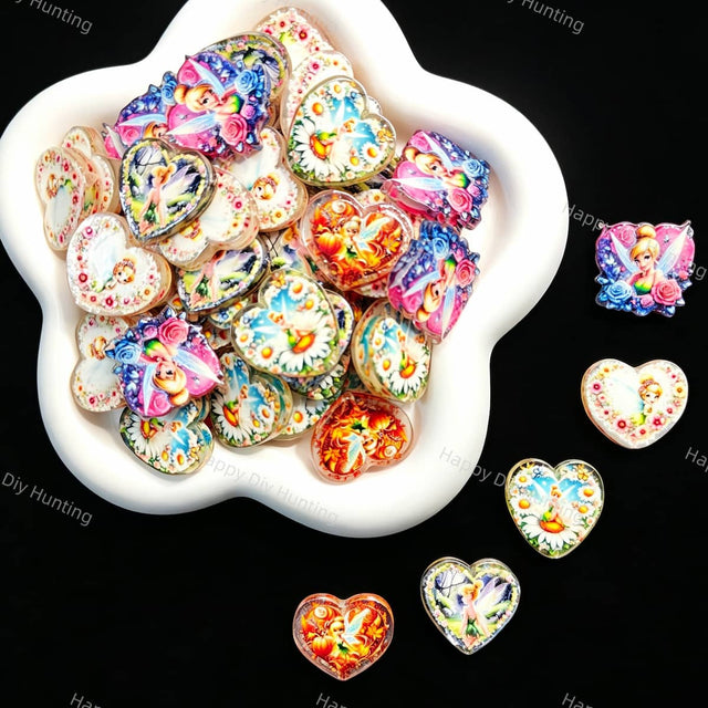 Fairy heart‑shape acrylic focal beads wholesale, colorful printed heart large hole beads for beadable pen and cute DIY craft projects