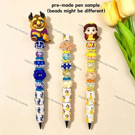 Extended rod finished character beadable pen with romantic fairytale human & beast character pen topper