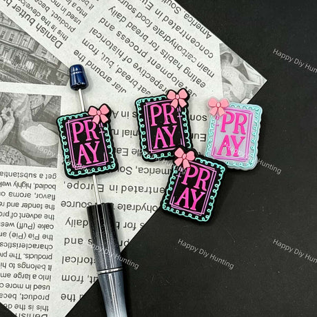 PRAY Bow Frame Turquoise Hot Pink Glitter Silicone Focal Beads for Beadable Pens & Handmade Jewelry