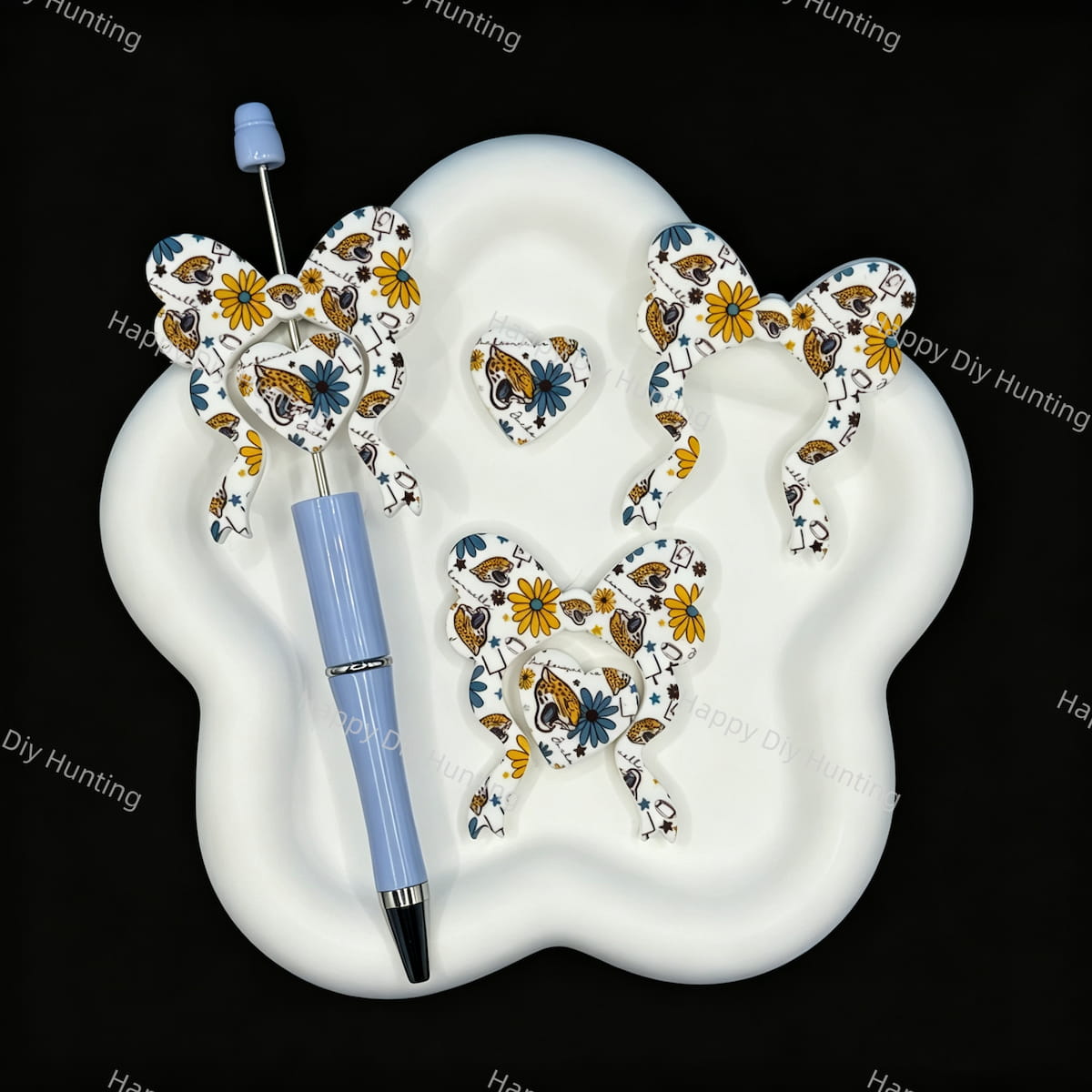 Sports team football bow heart silicone focal beads, printed large‑hole beads for beadable pen DIY craft
