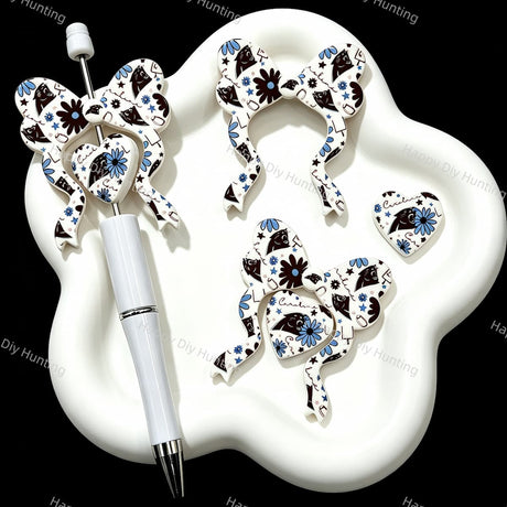Sport football bow heart silicone focal beads, large hole printed beads for handmade beadable pen keychain