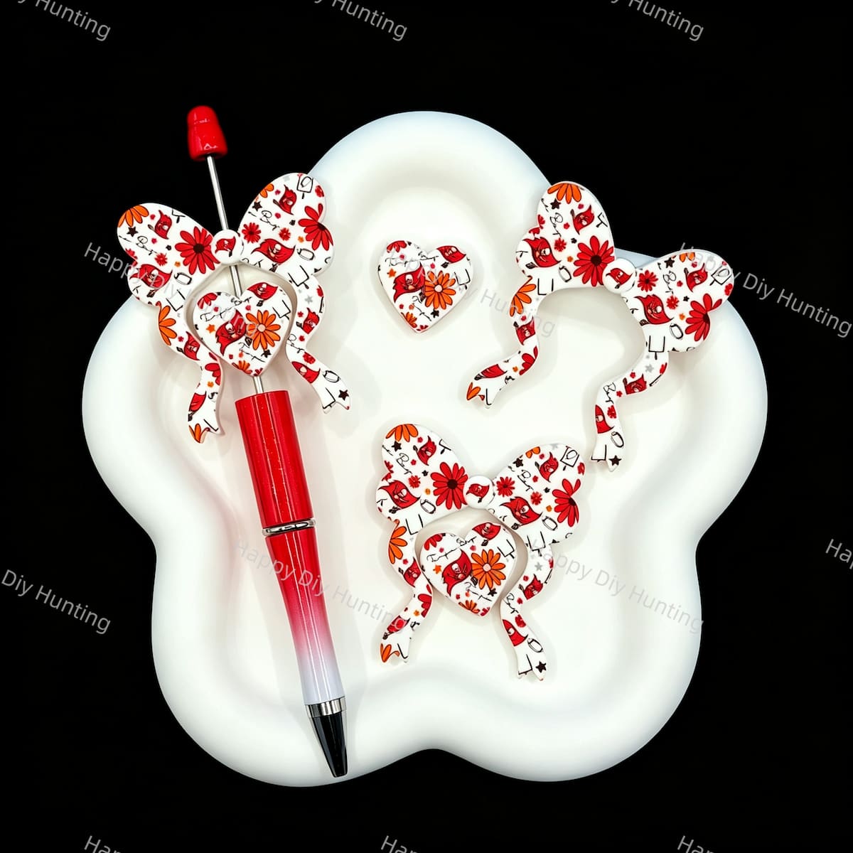 Sports team football bow heart silicone focal beads, printed large‑hole beads for beadable pen DIY craft