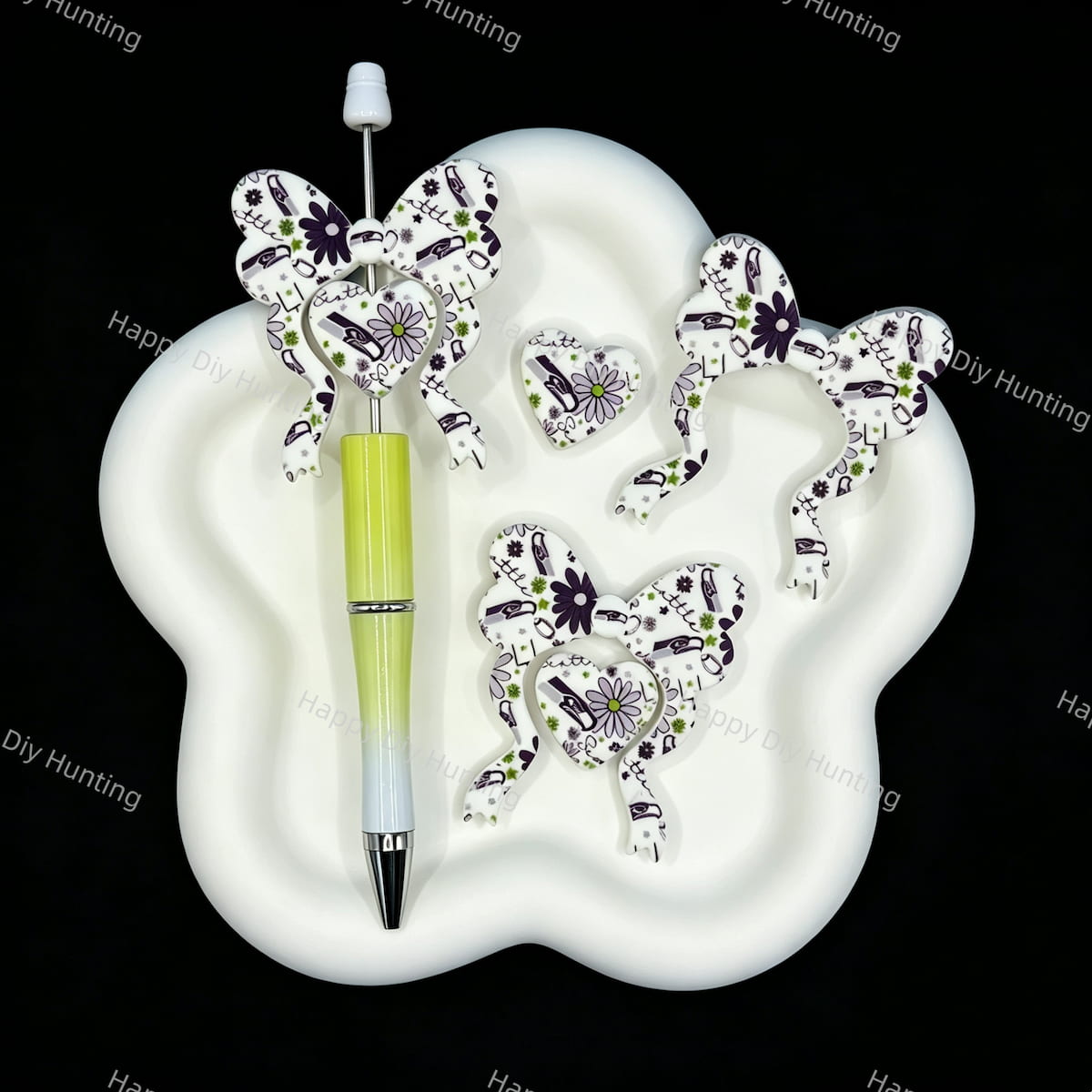 Football themed bow‑heart silicone focal beads, floral sport print beads for pen and keychain making