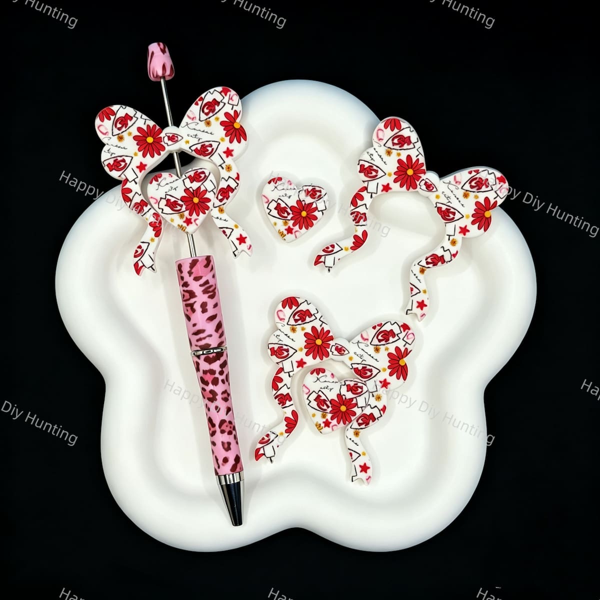 Sport football bow heart silicone focal beads, large hole printed beads for handmade beadable pen keychain