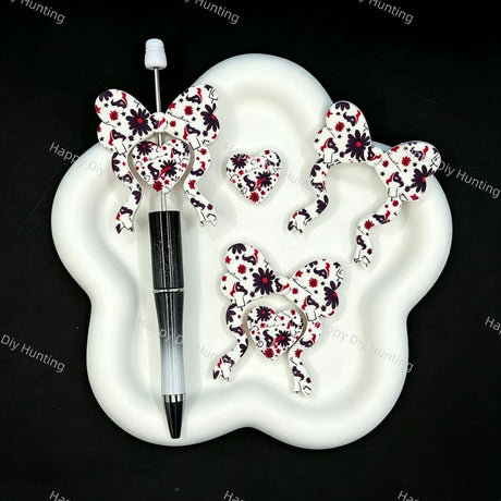 Sports football bow‑heart silicone focal beads, floral printed silicone beads for DIY beadable pen supplies