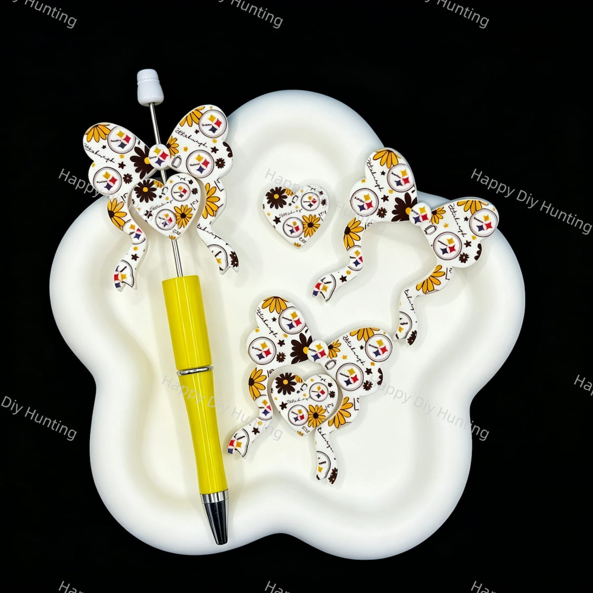 Football sport themed bow heart silicone focal beads, sunflower print beads for DIY craft beadable pen