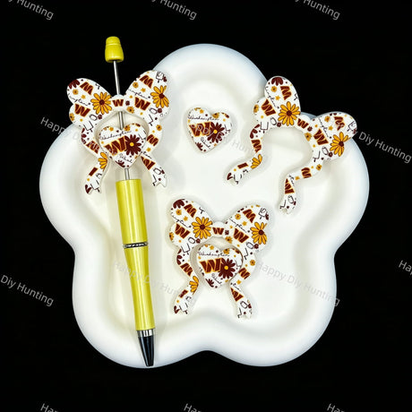 Football sport themed bow heart silicone focal beads, sunflower print beads for DIY craft beadable pen