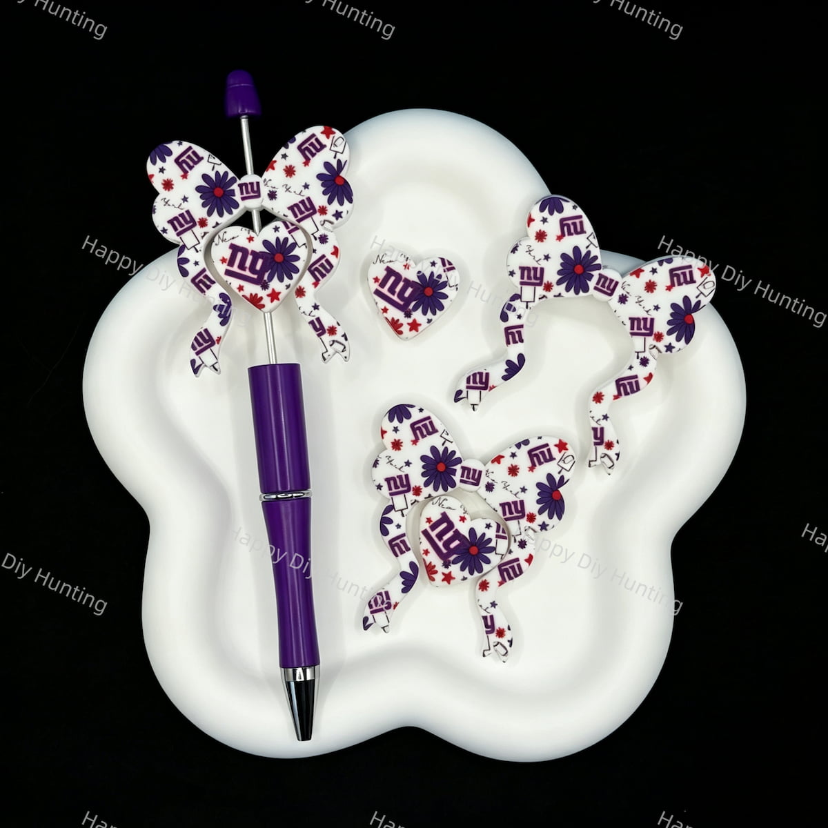 Sports team football bow‑heart silicone focal beads, printed large hole beads for pen and keychain DIY