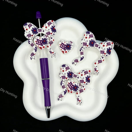 Sports team football bow‑heart silicone focal beads, printed large hole beads for pen and keychain DIY