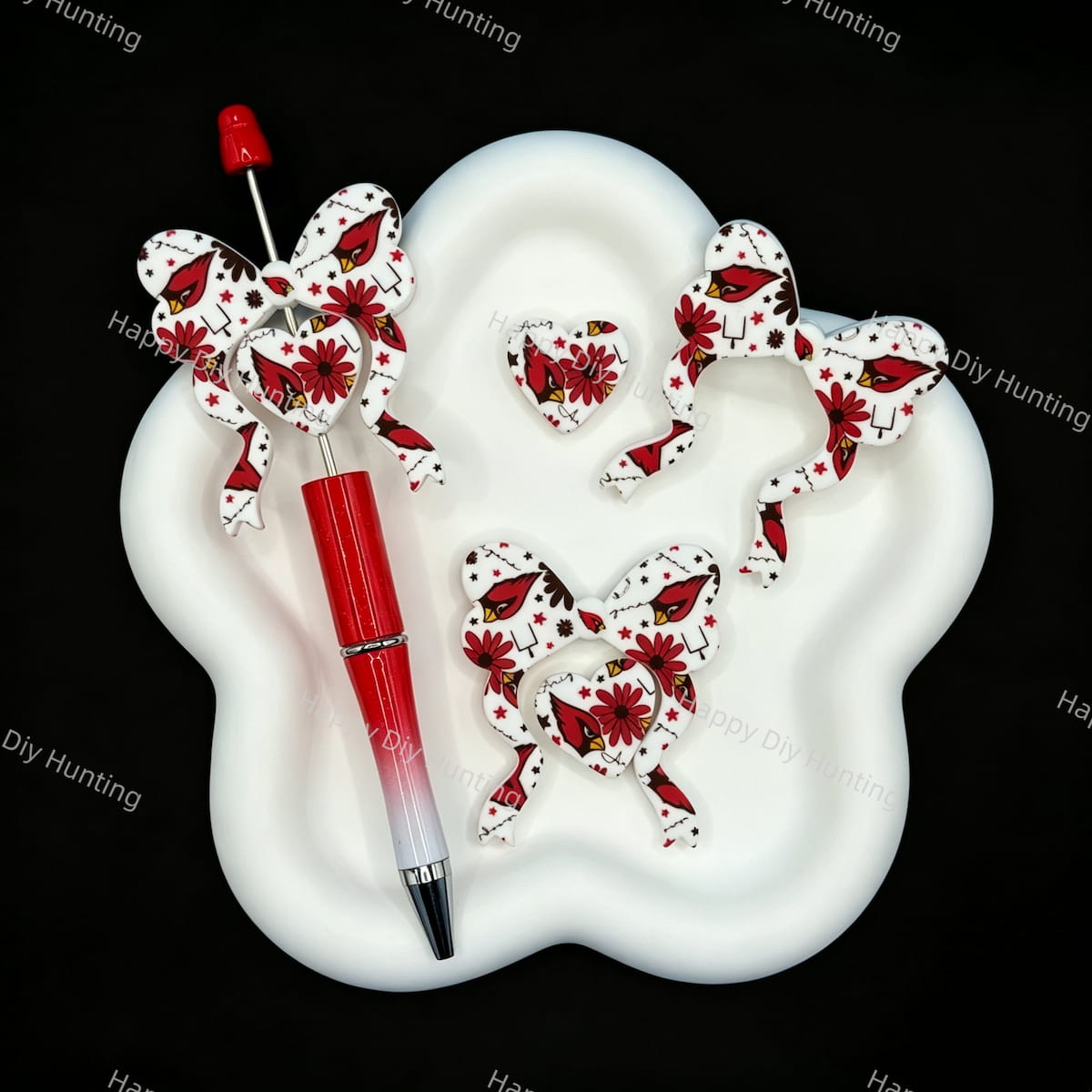 Football themed bow heart silicone focal beads, sport‑print focal beads for handmade beadable pen craft
