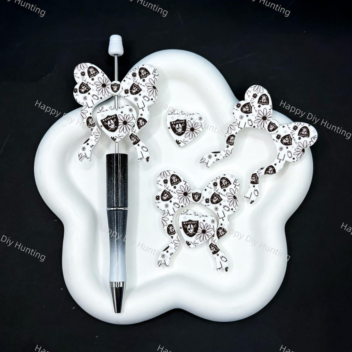 Football sport bow heart silicone focal beads, monochrome printed large‑hole beads for DIY beadable pen