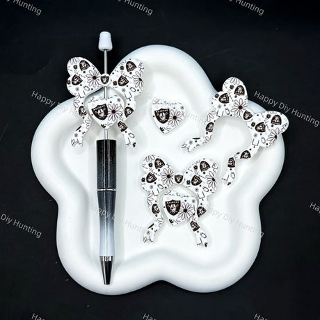 Football sport bow heart silicone focal beads, monochrome printed large‑hole beads for DIY beadable pen