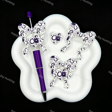 Sports theme bow heart silicone focal beads, horseshoe floral print beads for handmade beadable pen keychain