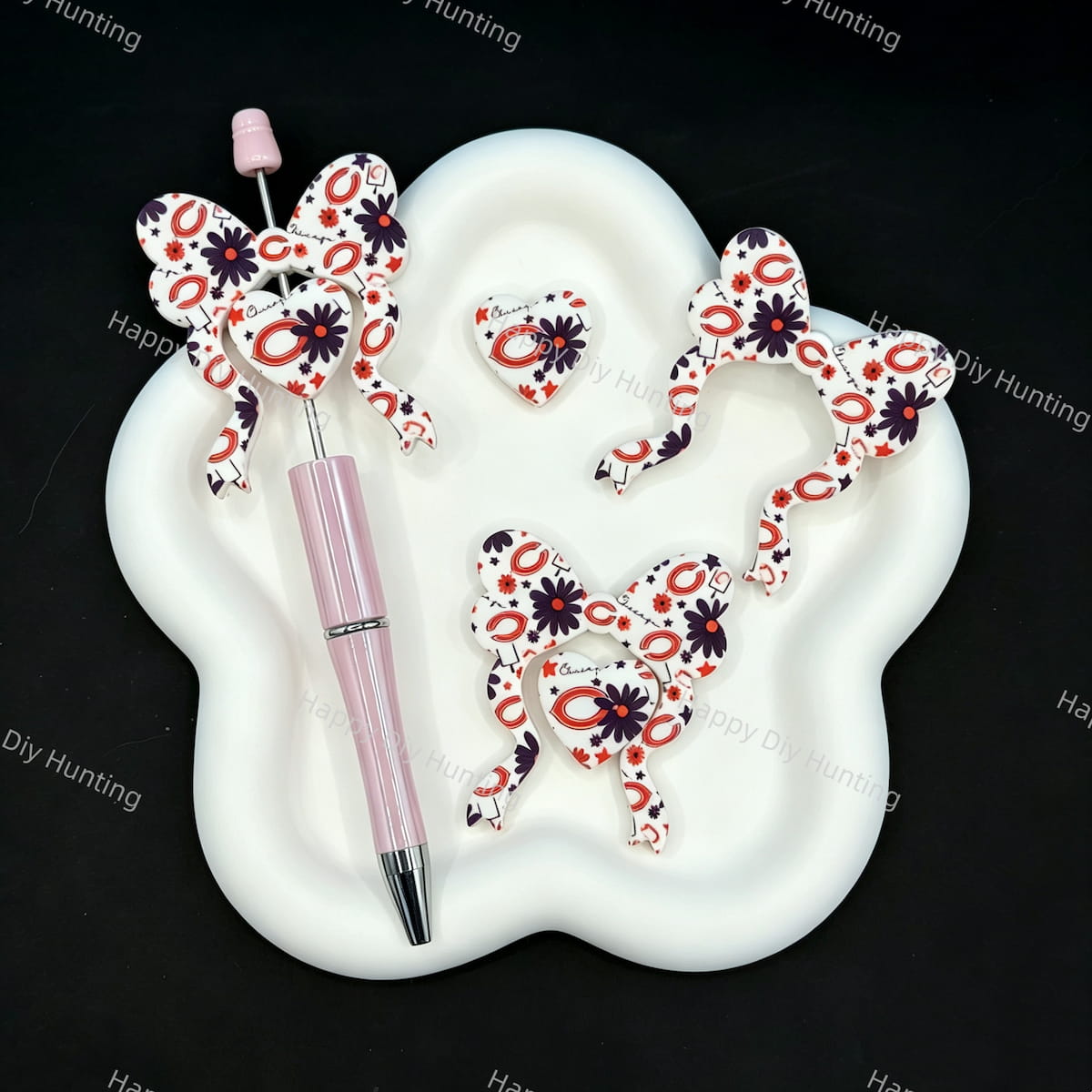 Sport themed bow‑heart silicone focal beads, floral print large hole beads for beadable pen DIY craft supplies