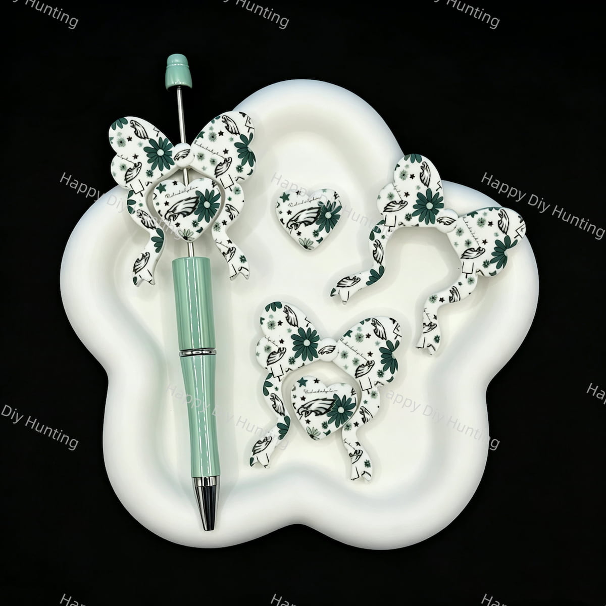 Vintage bird floral bow heart silicone beads, printed focal beads for handmade beadable pen & keychain