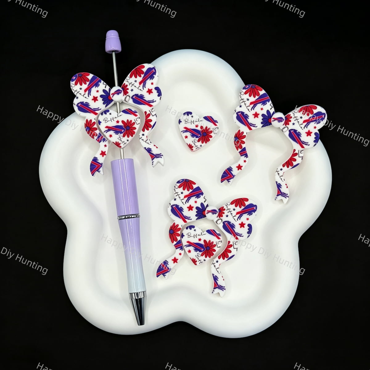 Patriotic star floral bow‑heart silicone focal beads, large hole beads for DIY bead pen making