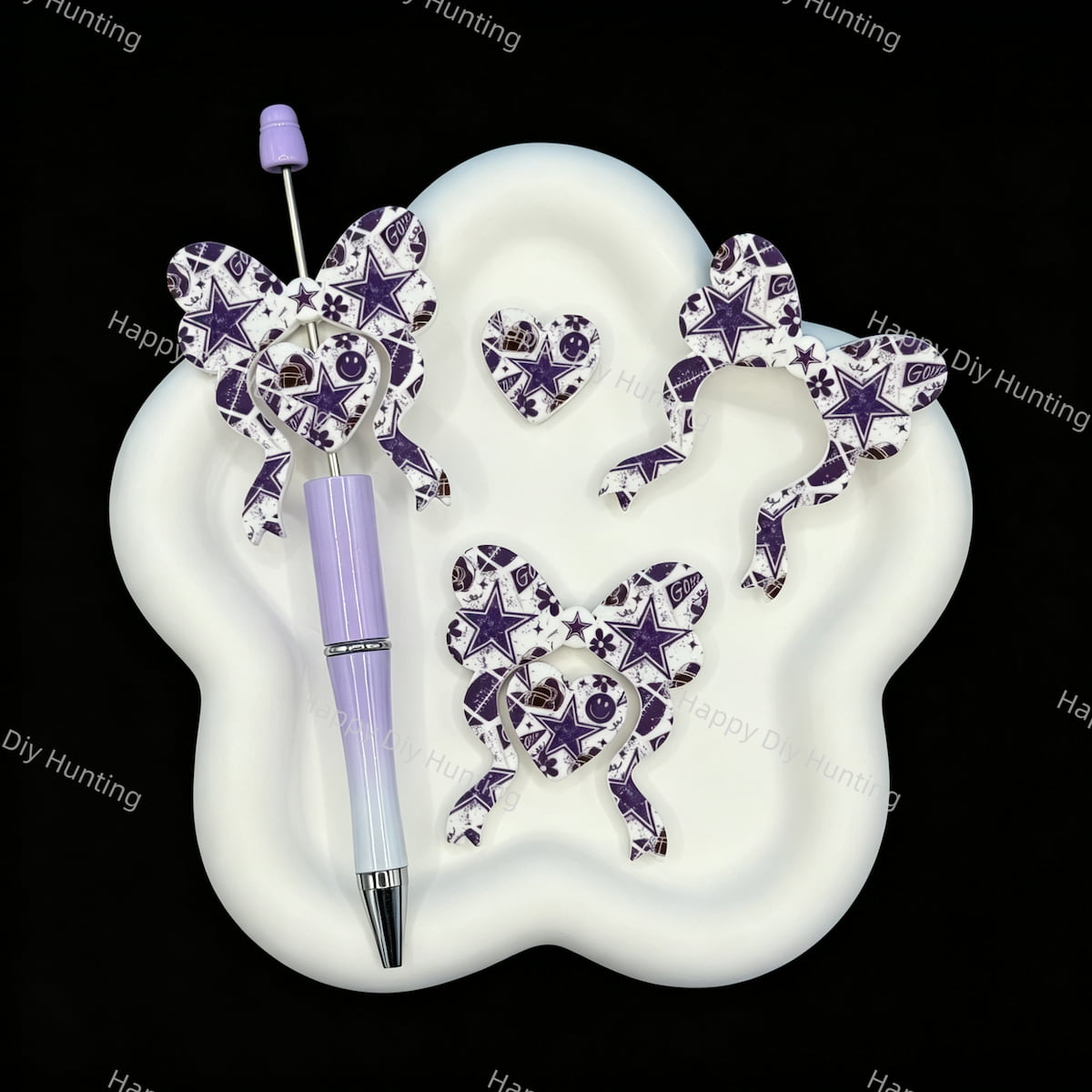 Dark purple star sport print silicone focal beads, bow heart shape for beadable pen craft project