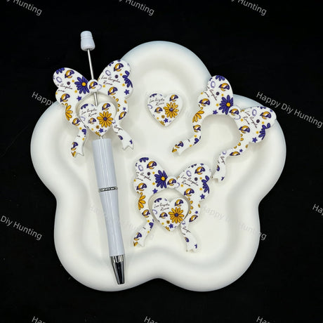Sunflower sport‑theme bow‑heart silicone beads, printed focal beads for DIY bead pen accessories
