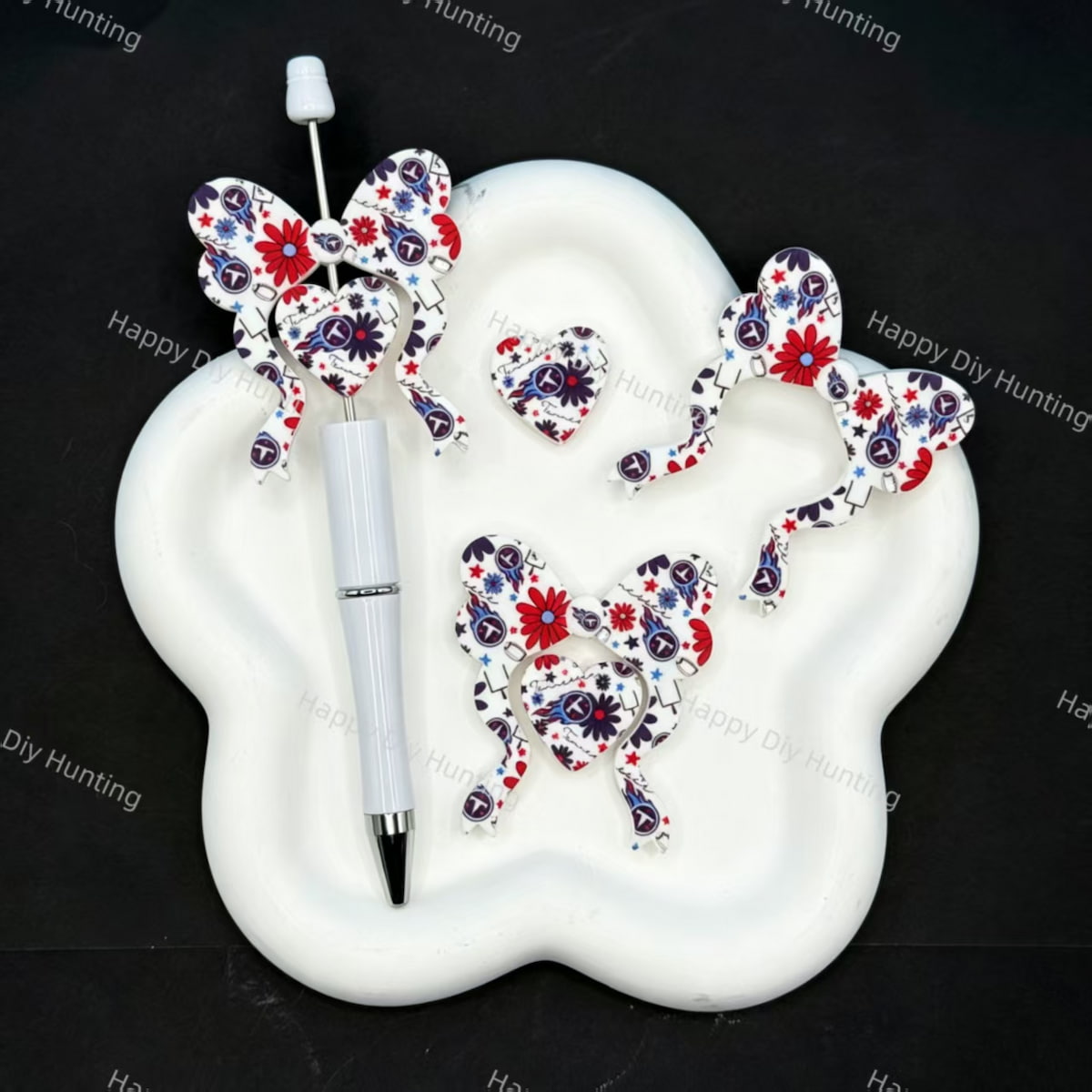 Football sport themed bow heart silicone beads, patriotic star floral print for handmade beadable pen & keychain