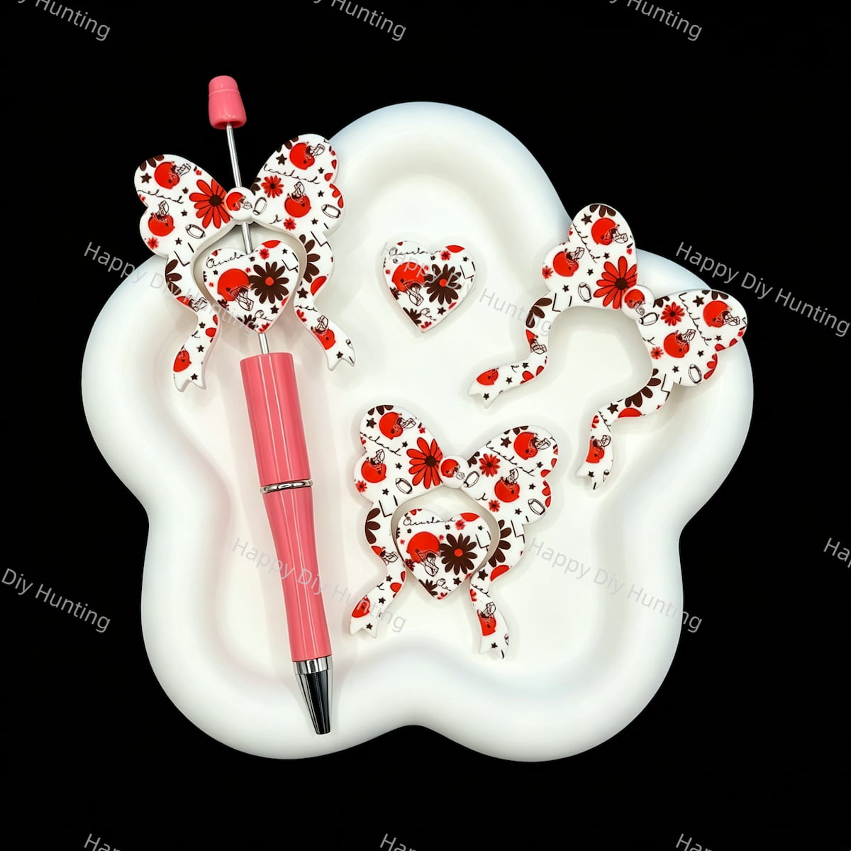 Sports team football bow heart silicone focal beads, red white floral print beads for beadable pen DIY