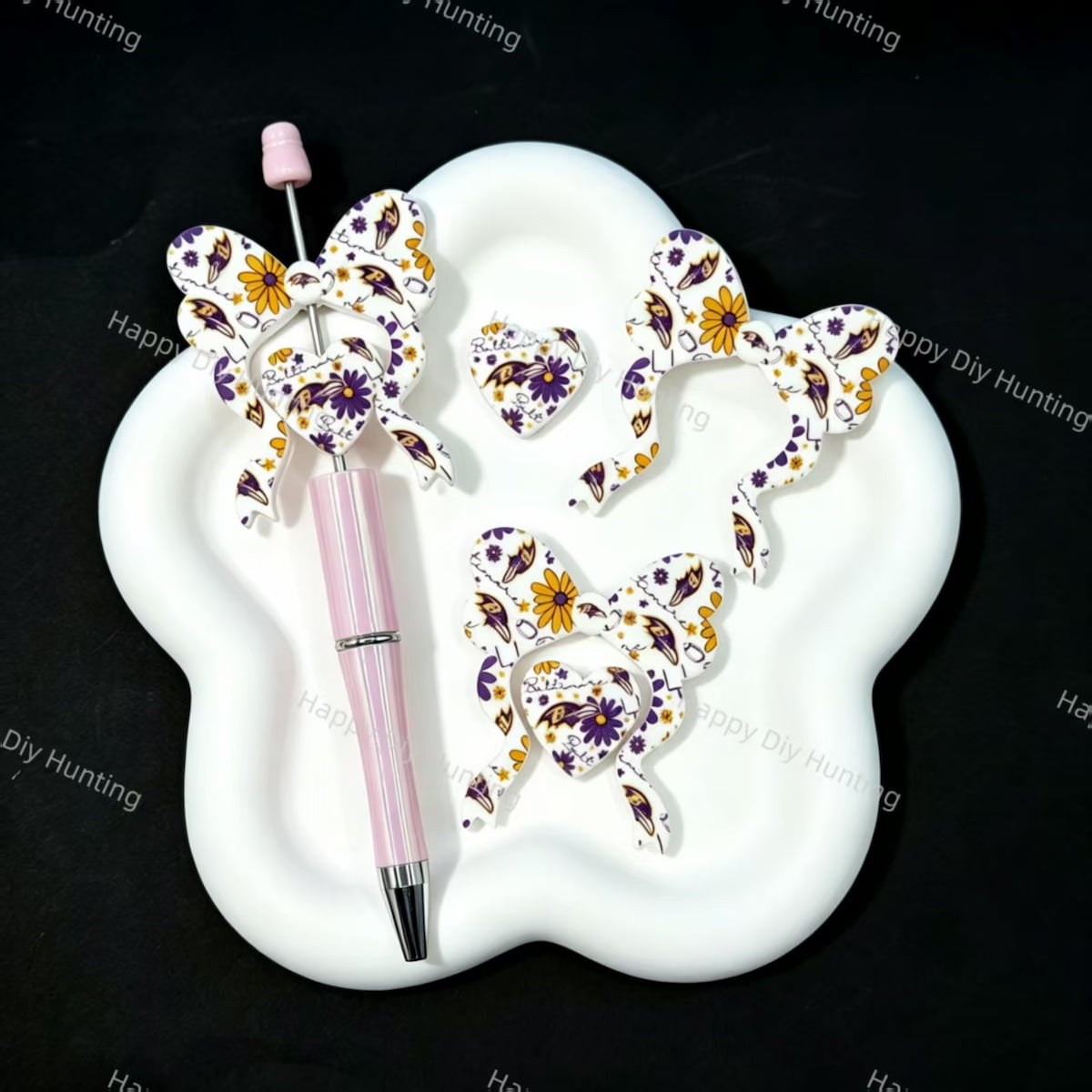 Football sport theme bow‑heart silicone focal beads, yellow daisy print large hole beads for DIY pen craft